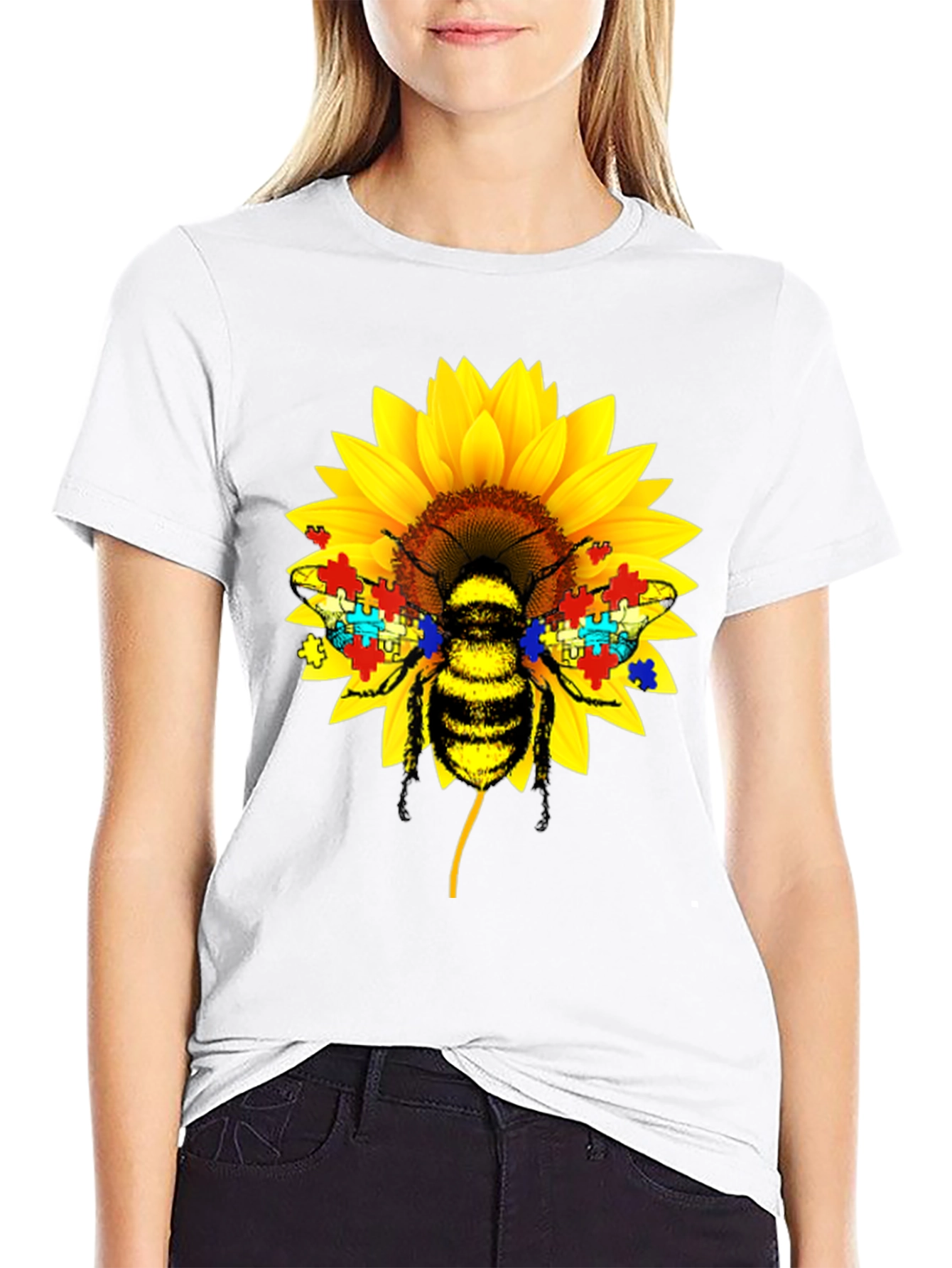 Autism Awareness Bee Sunflower Black T-Shirt