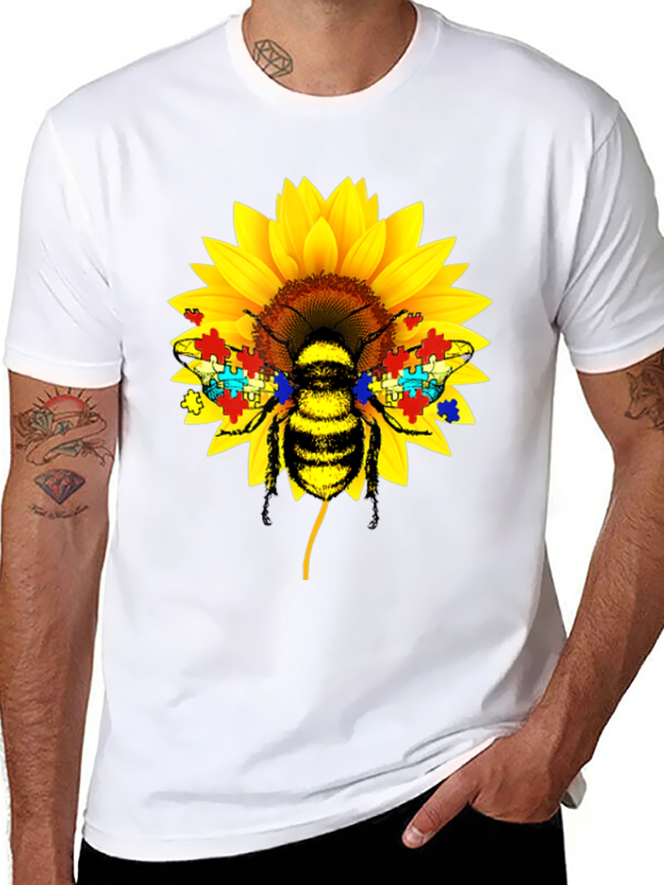 Autism Awareness Bee Sunflower Black T-Shirt