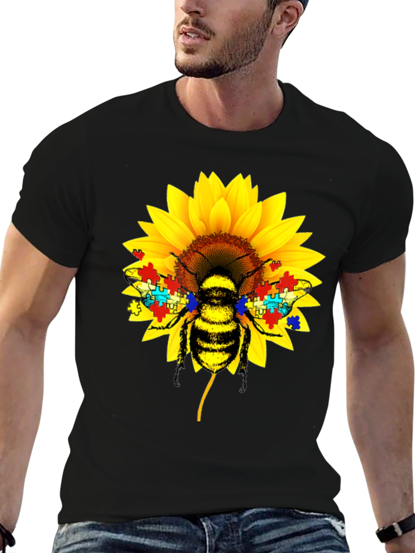 Autism Awareness Bee Sunflower Black T-Shirt