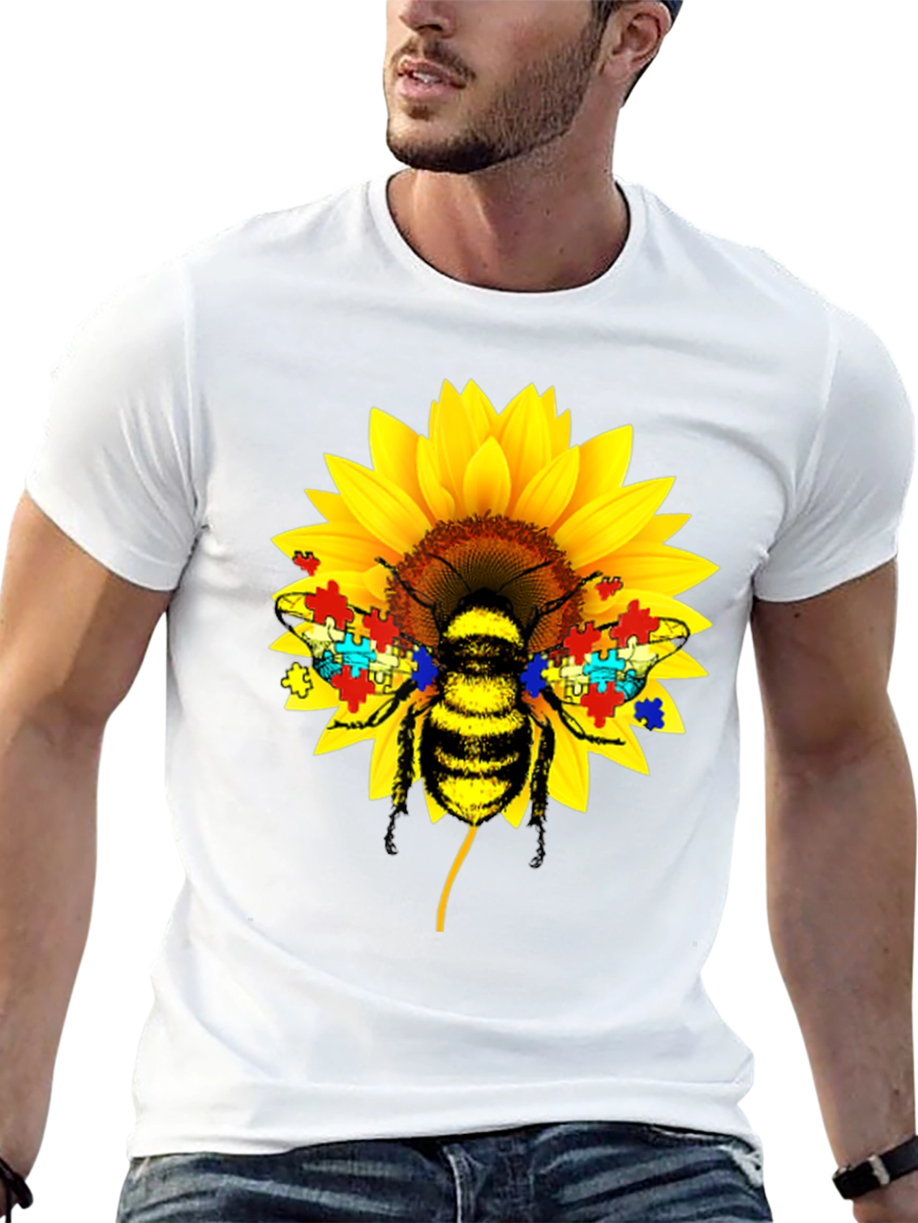 Autism Awareness Bee Sunflower Black T-Shirt