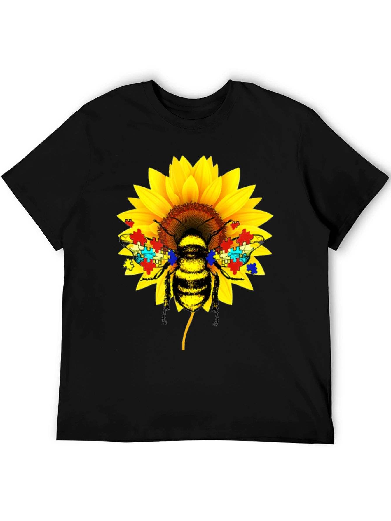 Autism Awareness Bee Sunflower Black T-Shirt