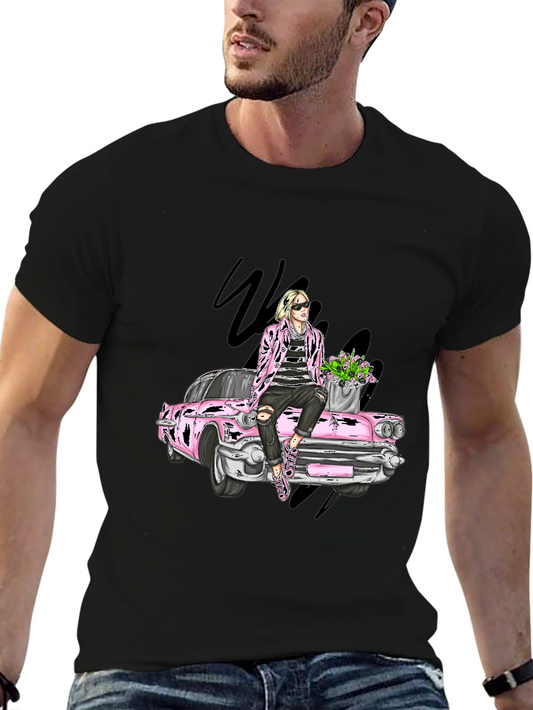 Retro Car T-Shirt with Stylish Figure Graphic