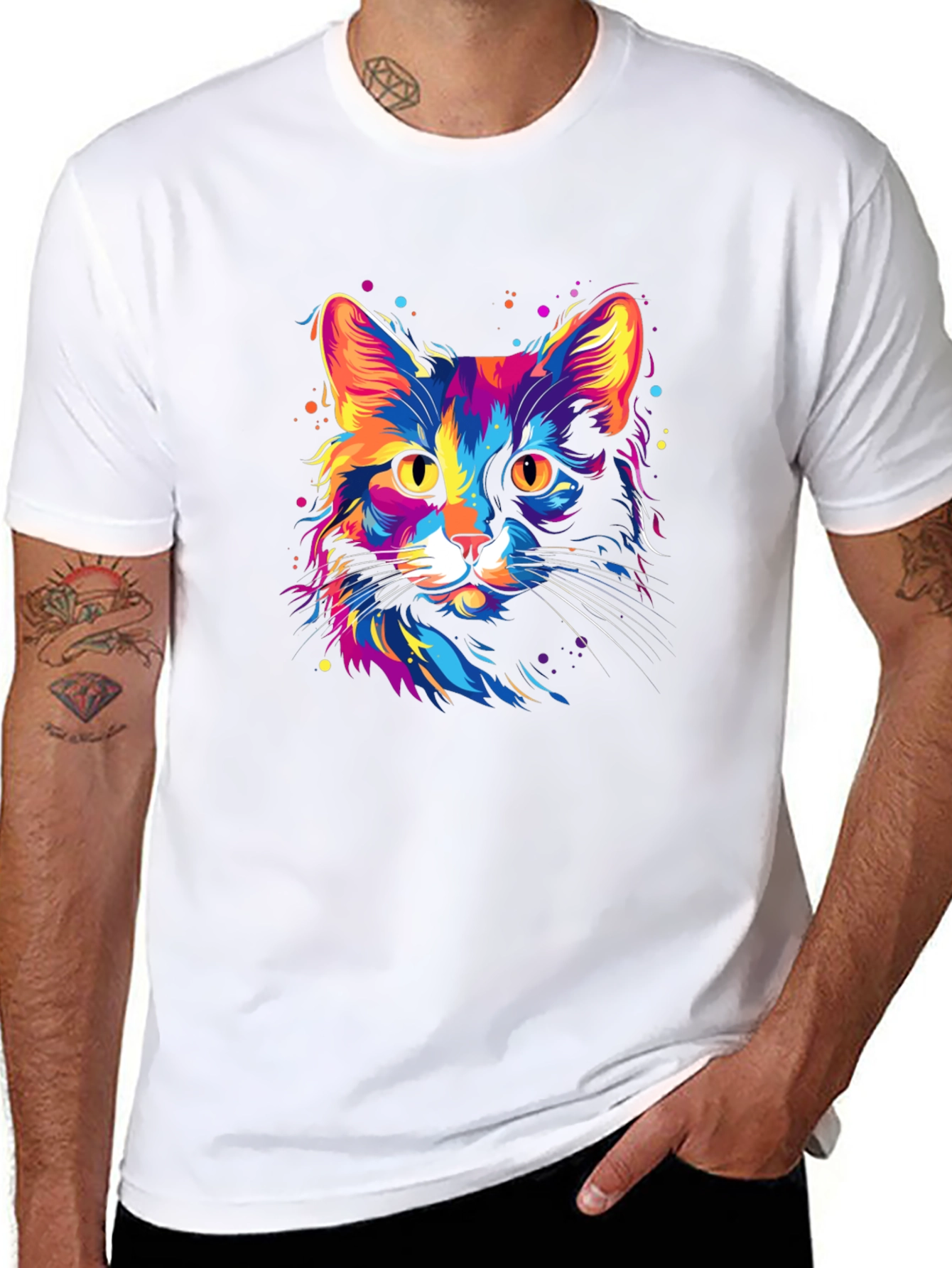 Vibrant Cat Graphic Black T-Shirt