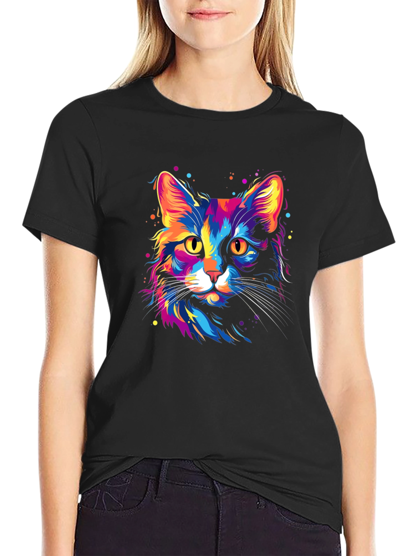 Vibrant Cat Graphic Black T-Shirt