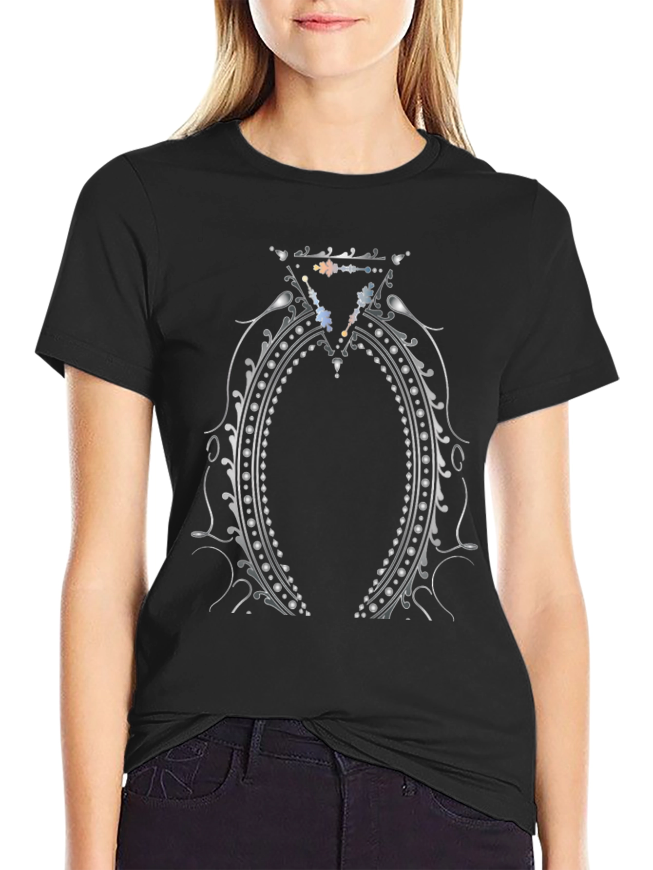Elegant Silver Ornament Black T-Shirt