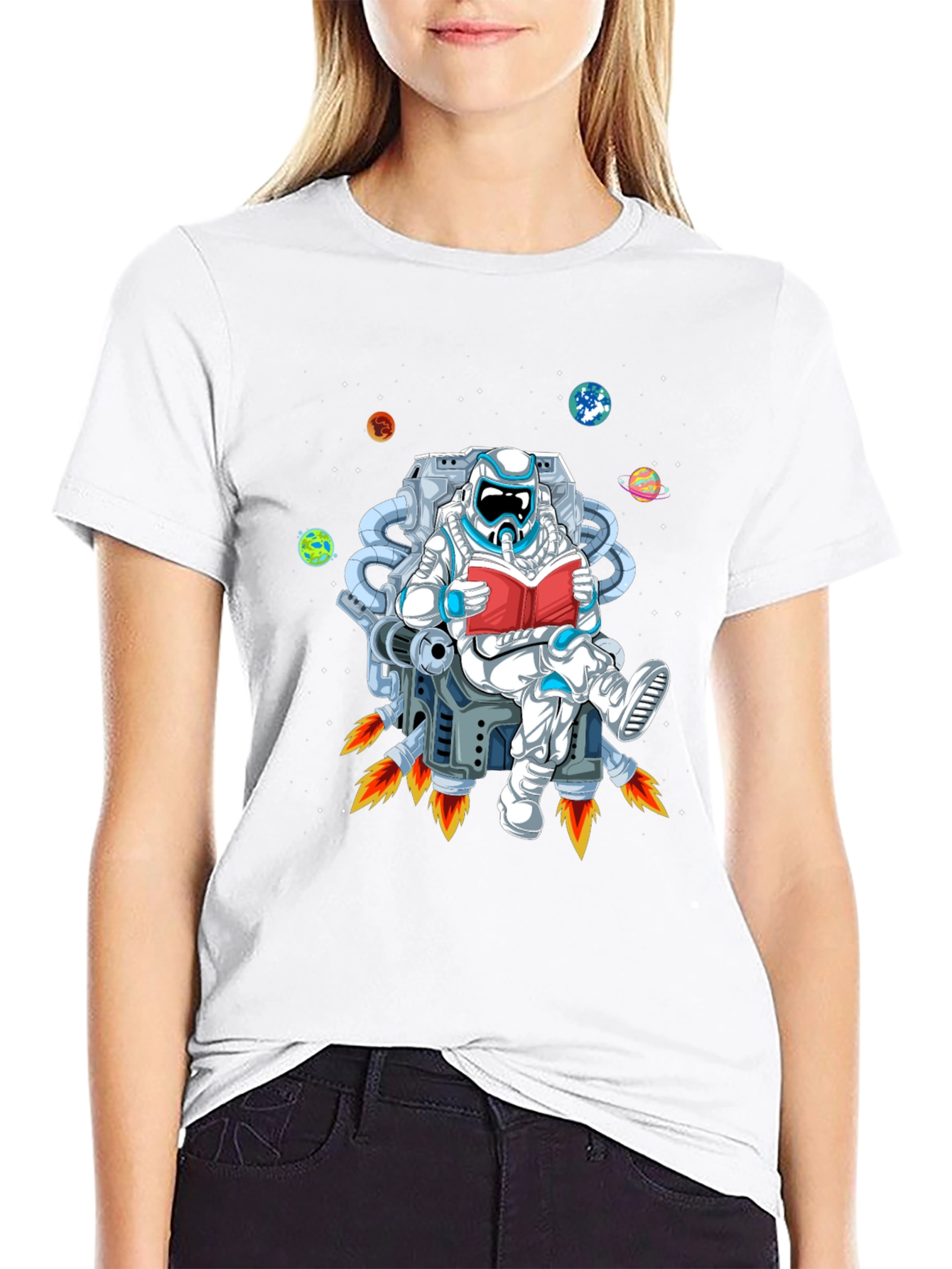 Astronaut Reading in Space Black T-Shirt