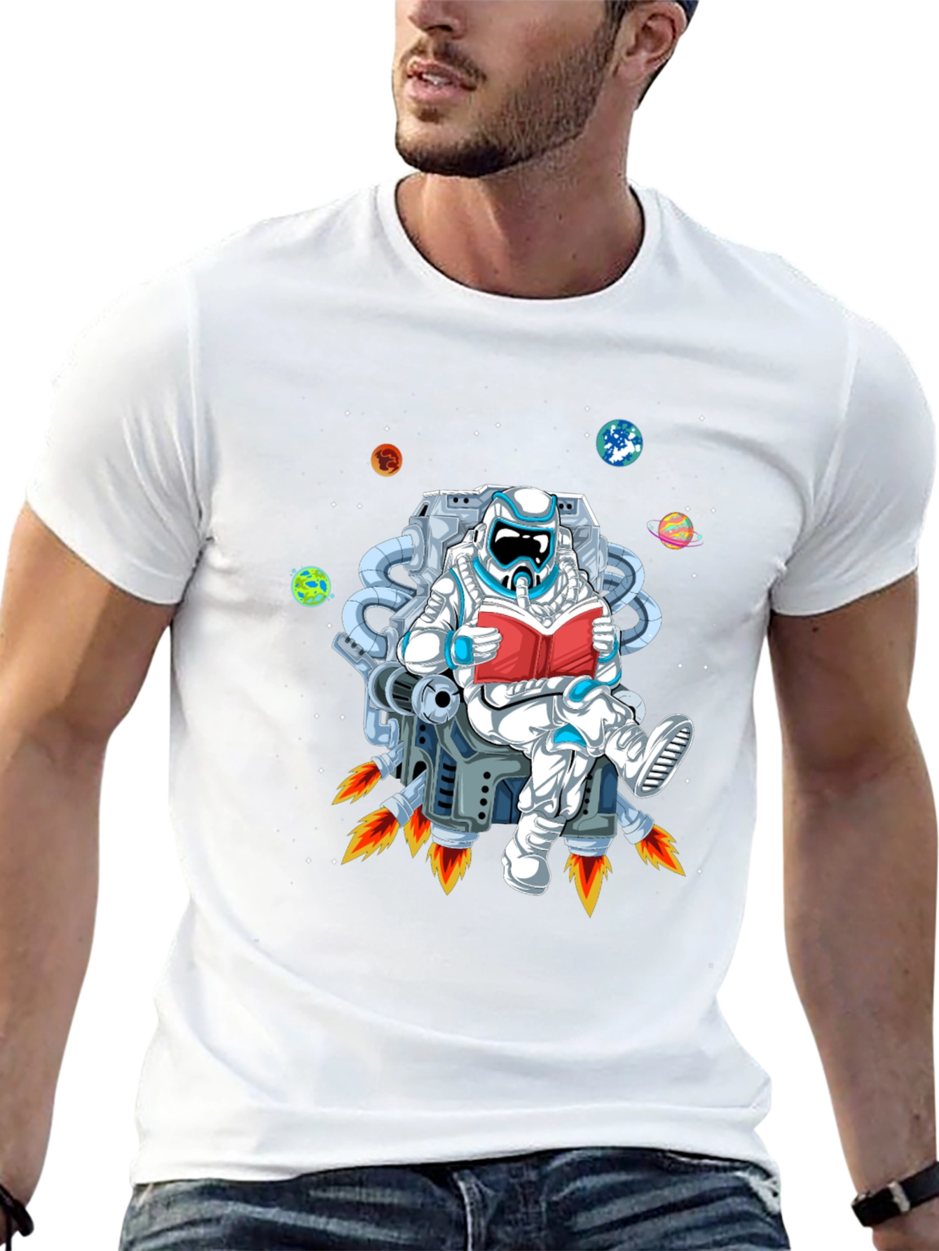Astronaut Reading in Space Black T-Shirt