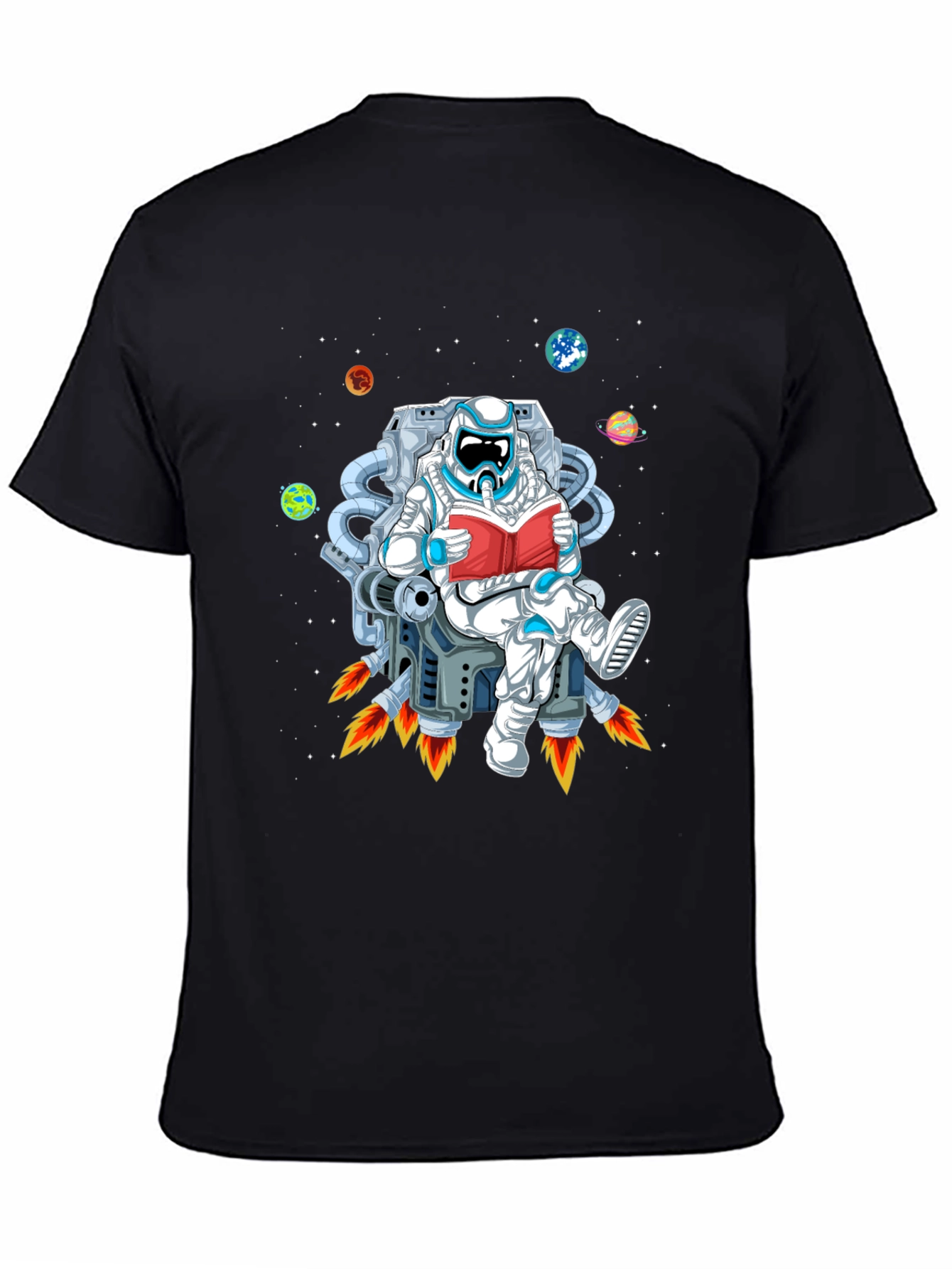 Astronaut Reading in Space Black T-Shirt