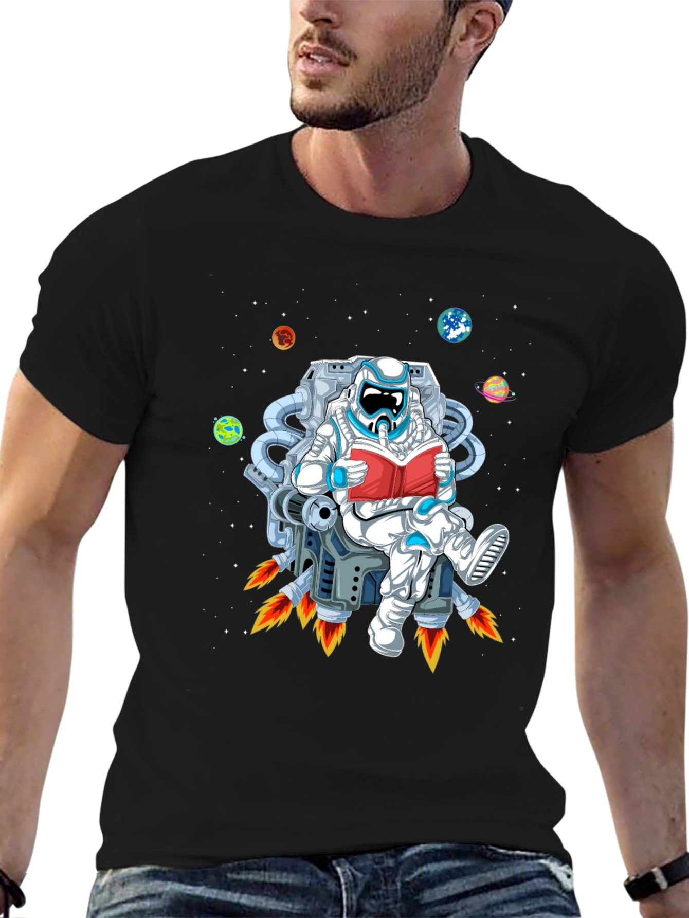 Astronaut Reading in Space Black T-Shirt