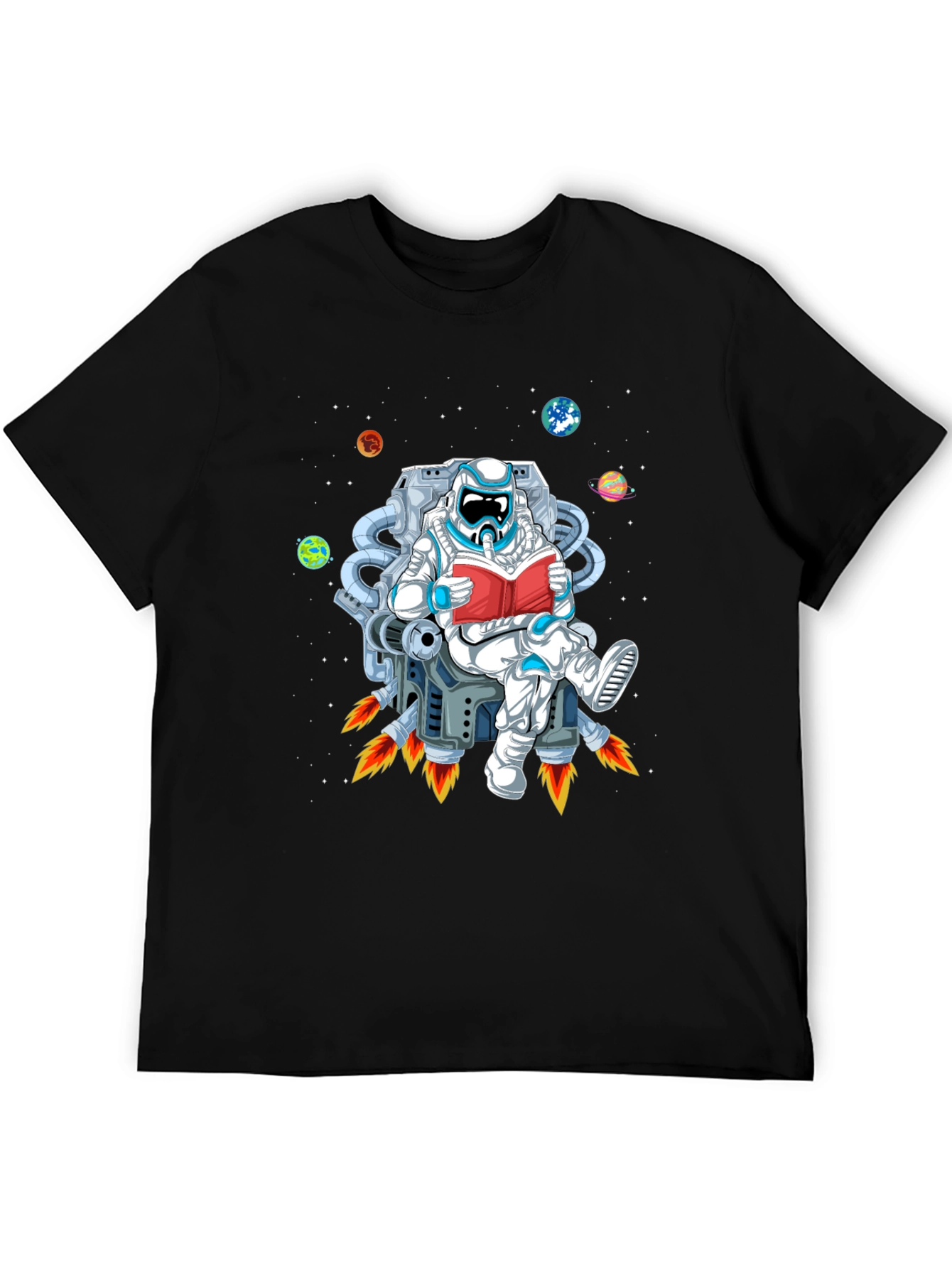 Astronaut Reading in Space Black T-Shirt