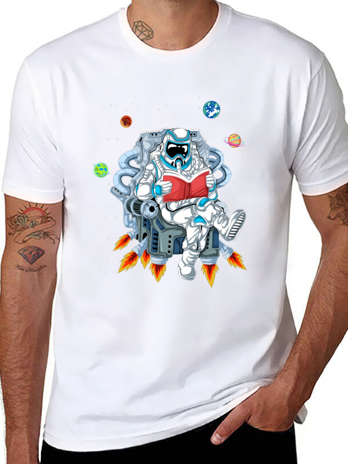 Astronaut Reading in Space Black T-Shirt