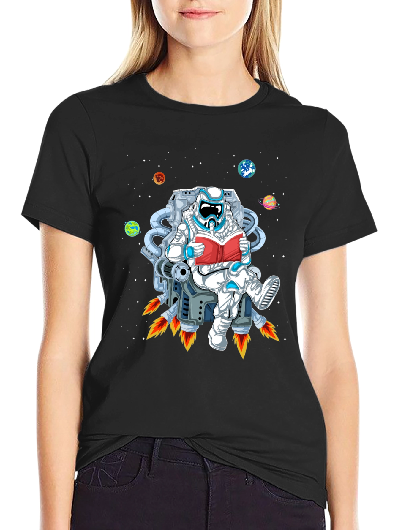 Astronaut Reading in Space Black T-Shirt