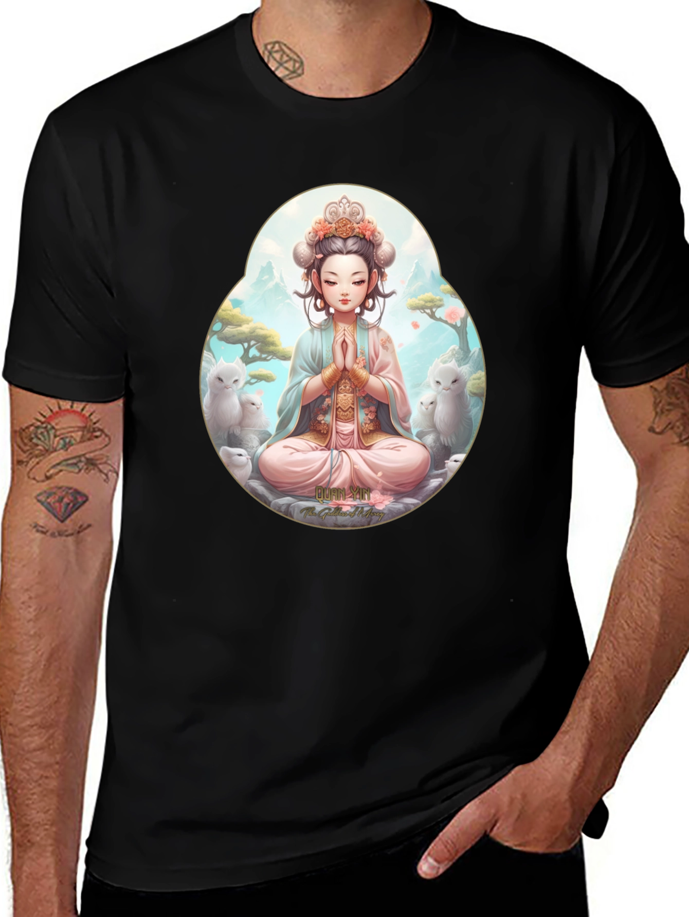 Zen Girl & Cat Black T-Shirt