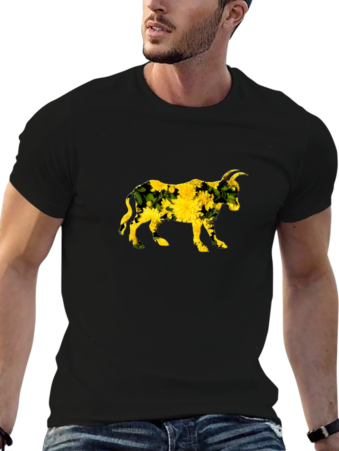 Floral Bull Graphic Black Tee