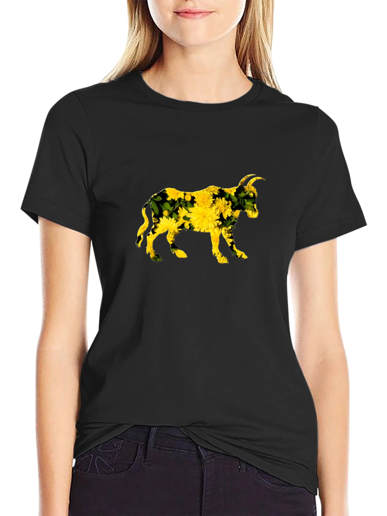 Floral Bull Graphic Black Tee