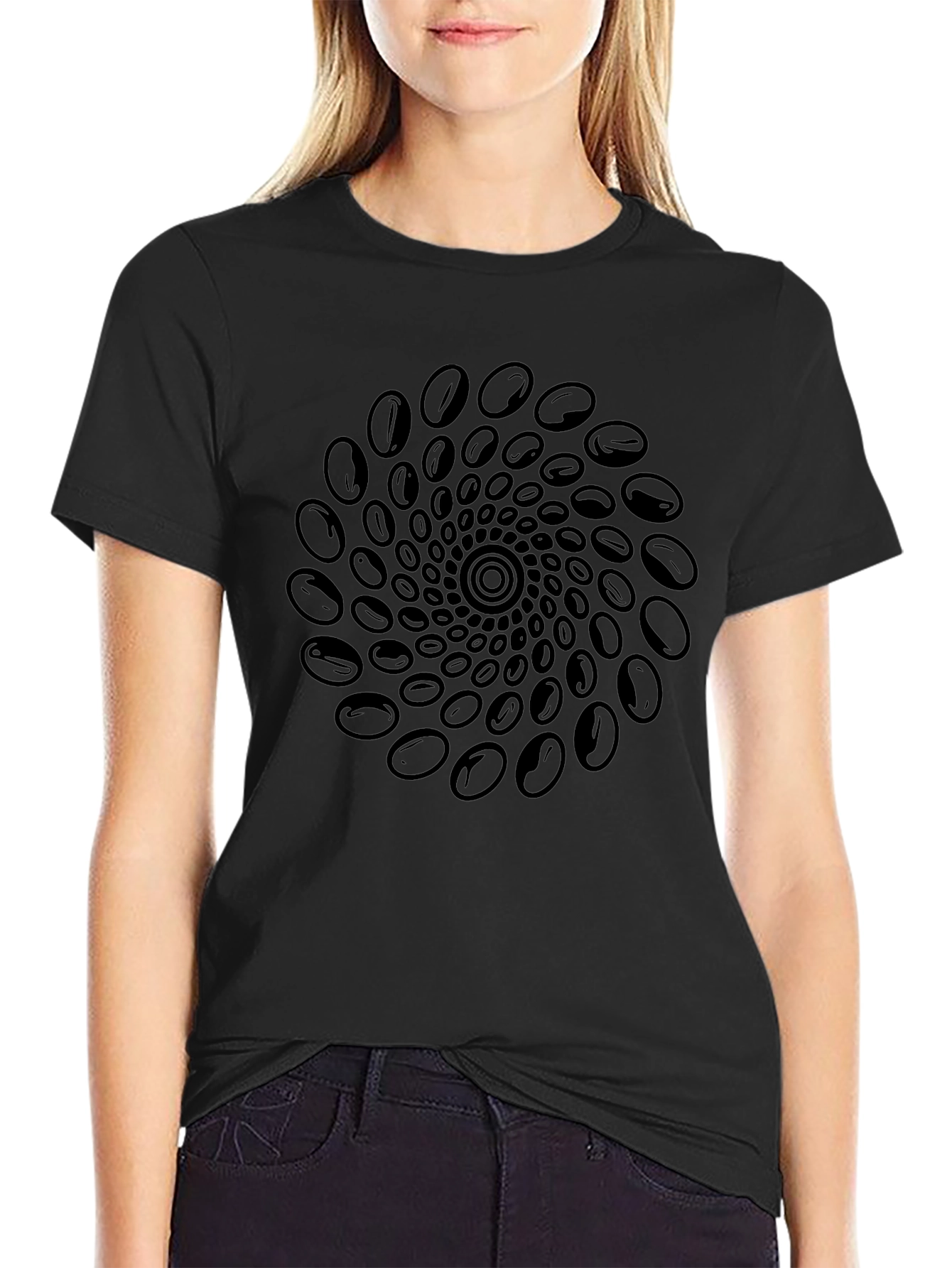 Abstract Coffee Bean Swirl Graphic Black T-Shirt