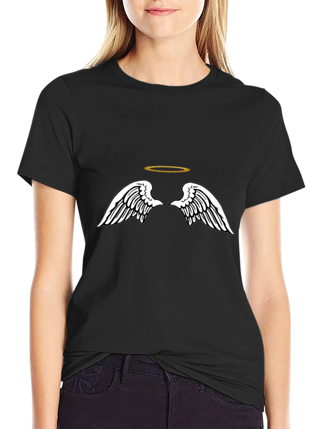 Angel Wings & Halo Graphic Black T-Shirt