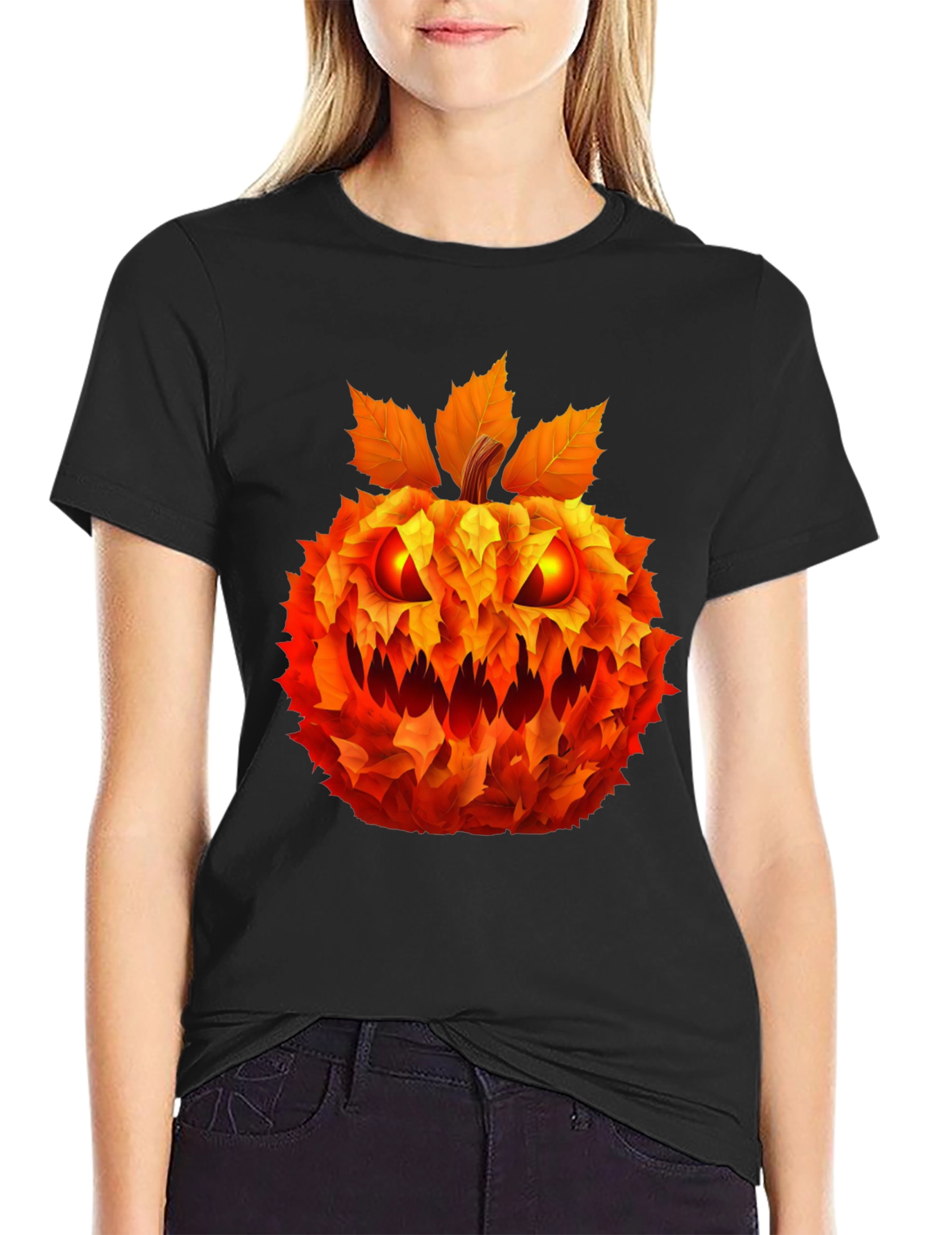 Spooky Leaf Pumpkin Graphic Tee - Halloween Style