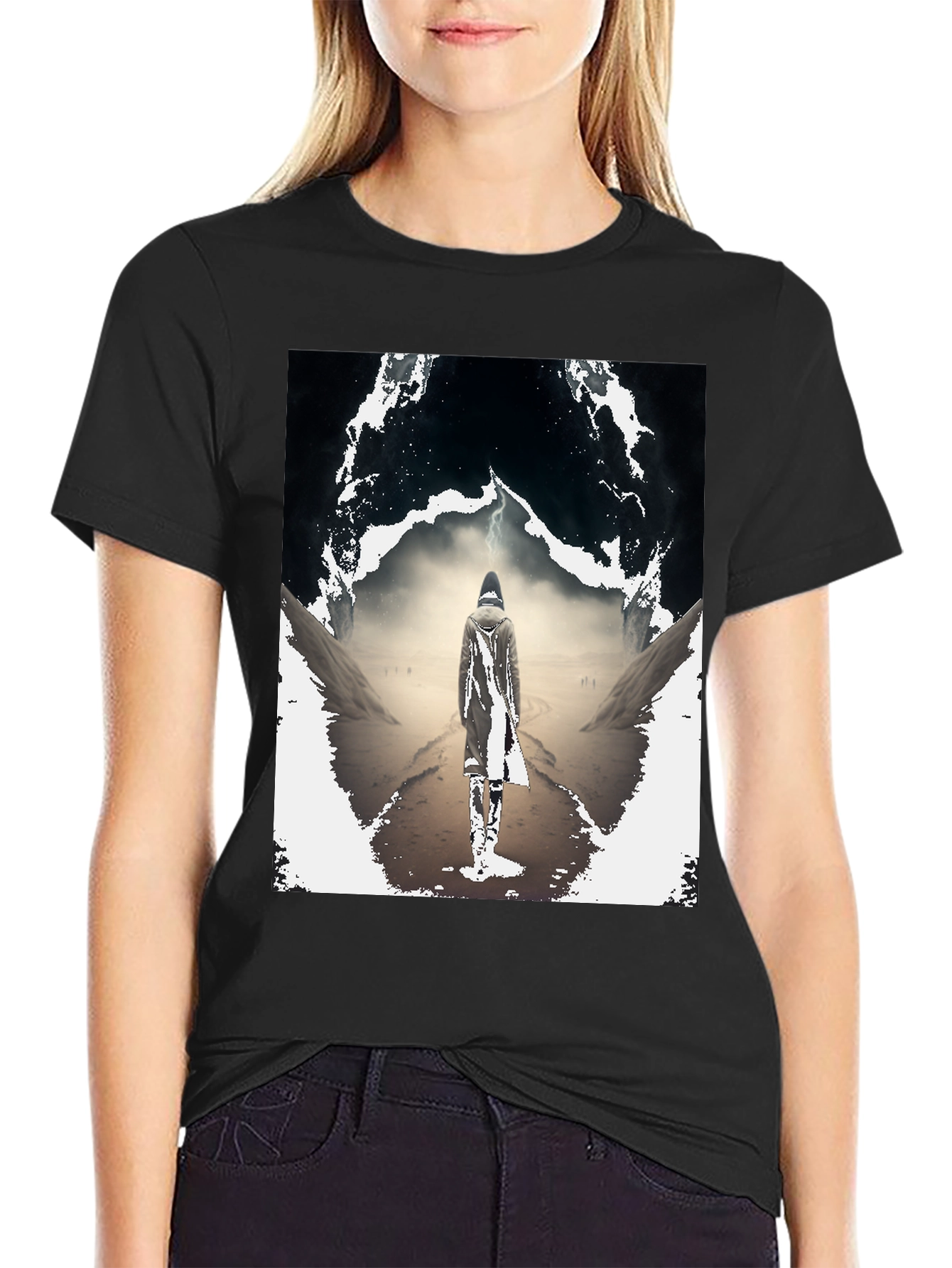 Mystical Wanderer Graphic Tee - Black Cotton Blend