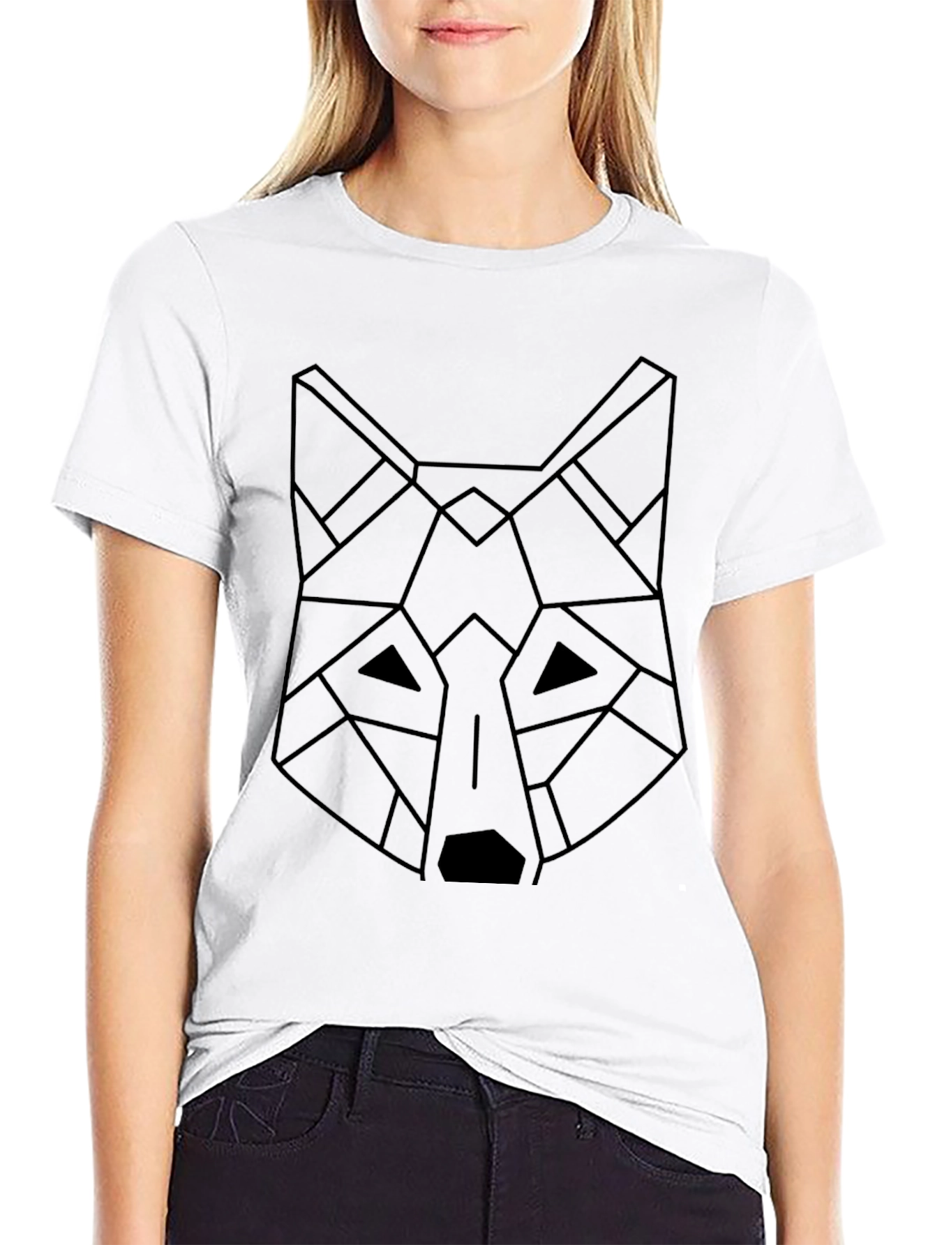 Geometric Wolf Graphic Black T-Shirt