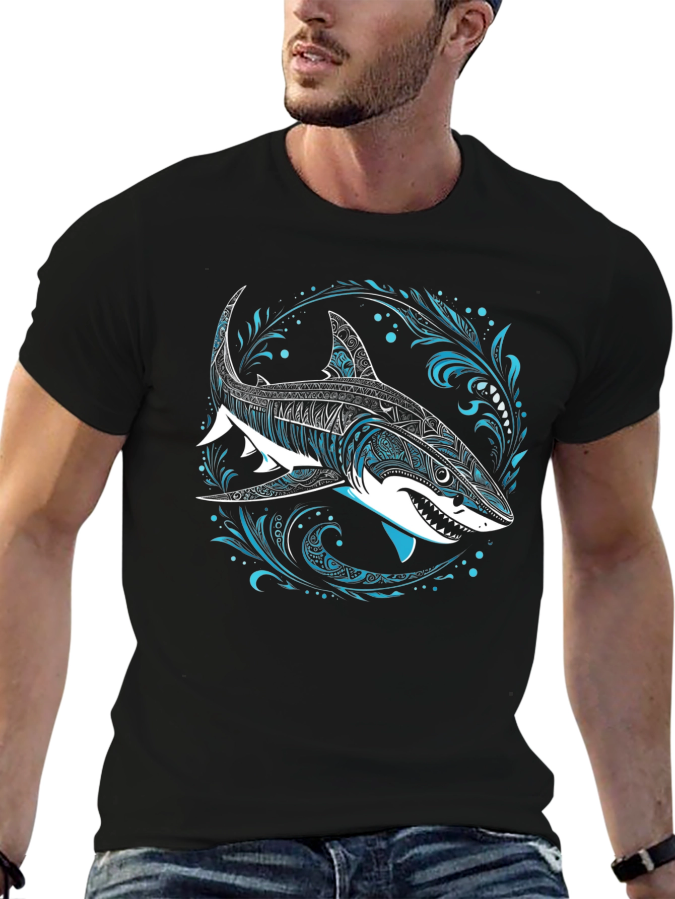 Shark Graphic Tee - Black Cotton T-Shirt