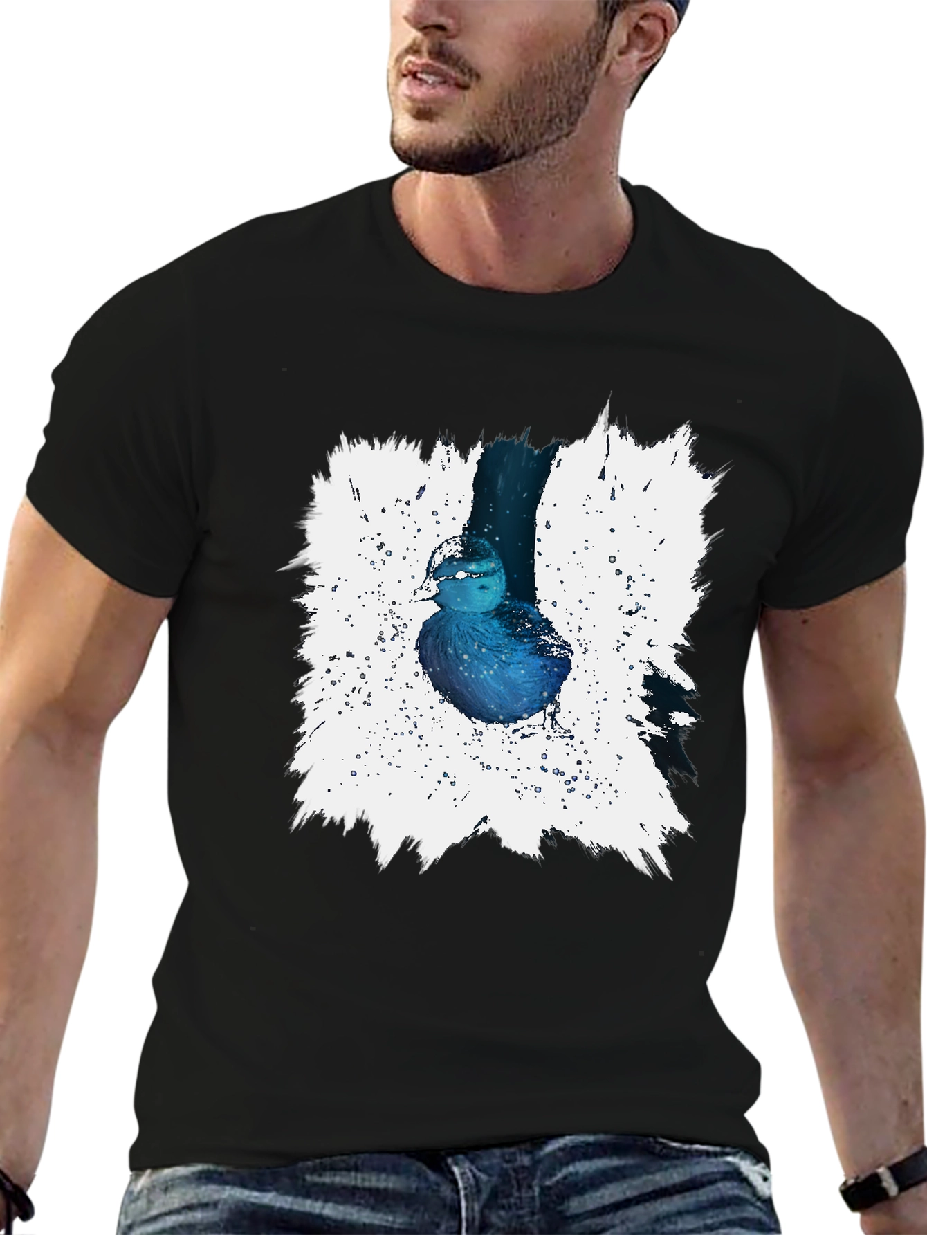 Blue Bird Splash Graphic Tee - Artistic Design