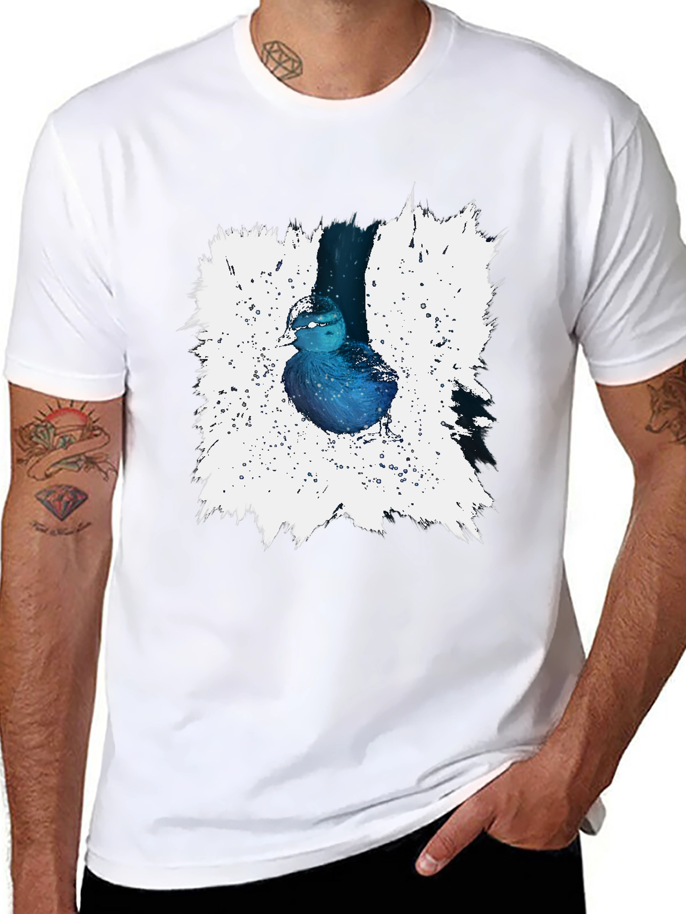 Blue Bird Splash Graphic Tee - Artistic Design