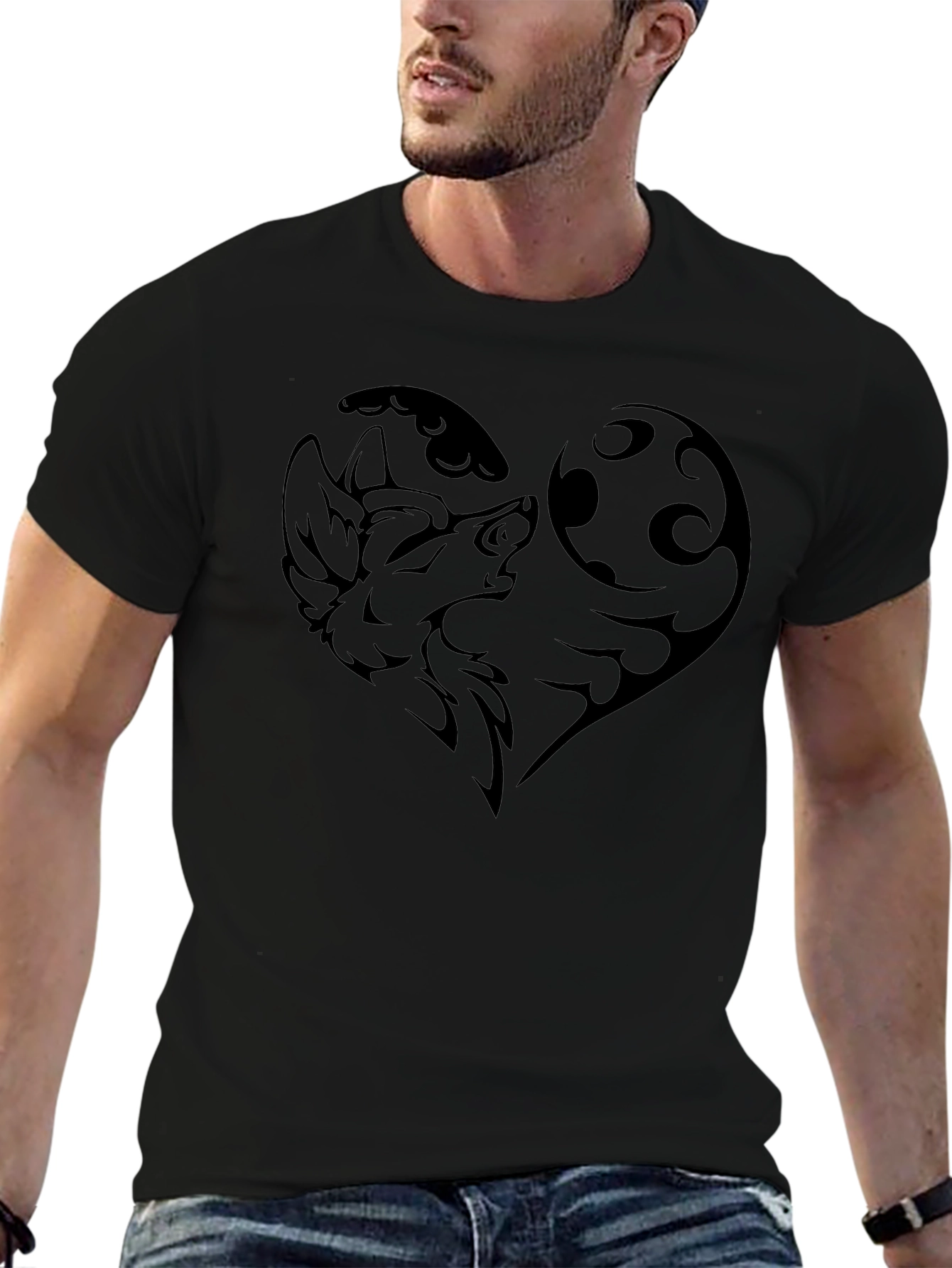 Wolf Moon Heart Graphic Tee - Black Cotton Blend