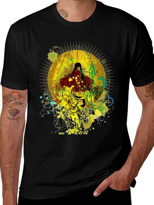 Anime Girl Graphic Print Black Cotton T-Shirt