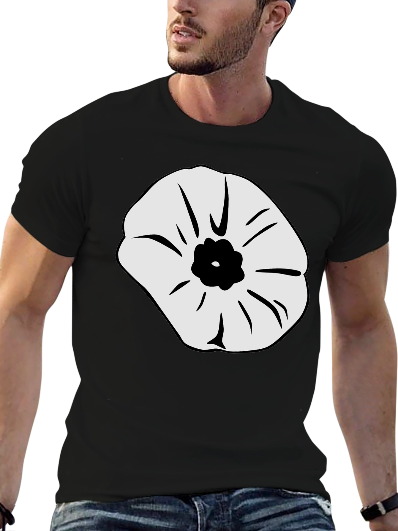 Black T-Shirt with White Flower Design