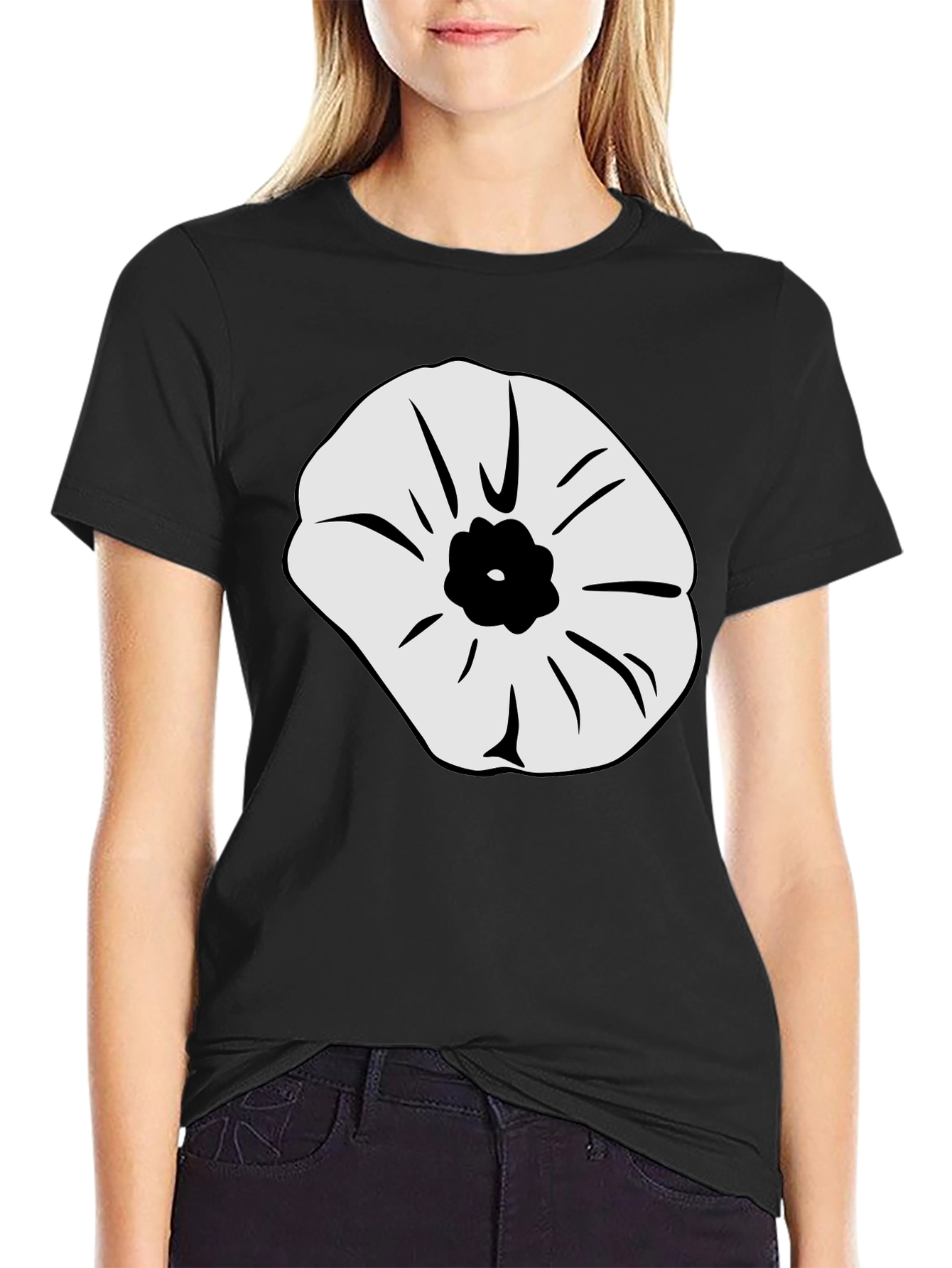 Black T-Shirt with White Flower Design
