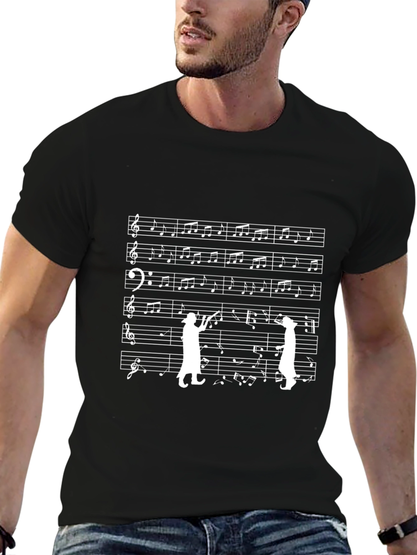 Musical Cat T-Shirt - Black Cotton Crew Neck