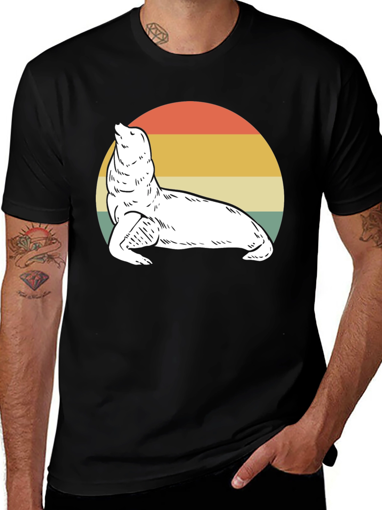 Retro Sea Lion Graphic Tee - Black Cotton T-Shirt