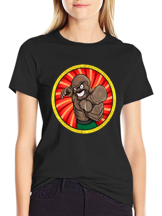 Cartoon Boxer Graphic Tee - Black Cotton T-Shirt