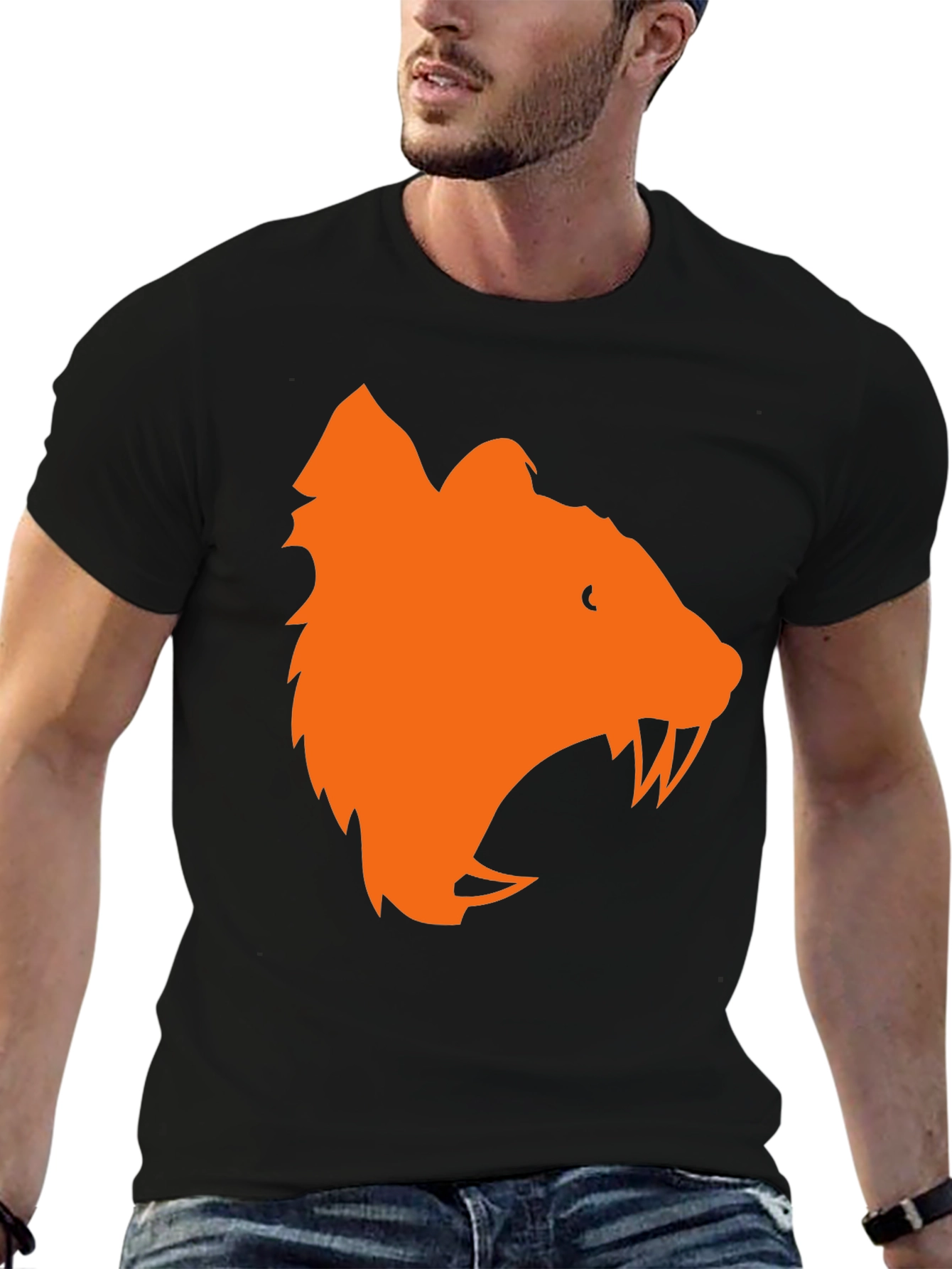 Orange Bear Graphic Black T-Shirt
