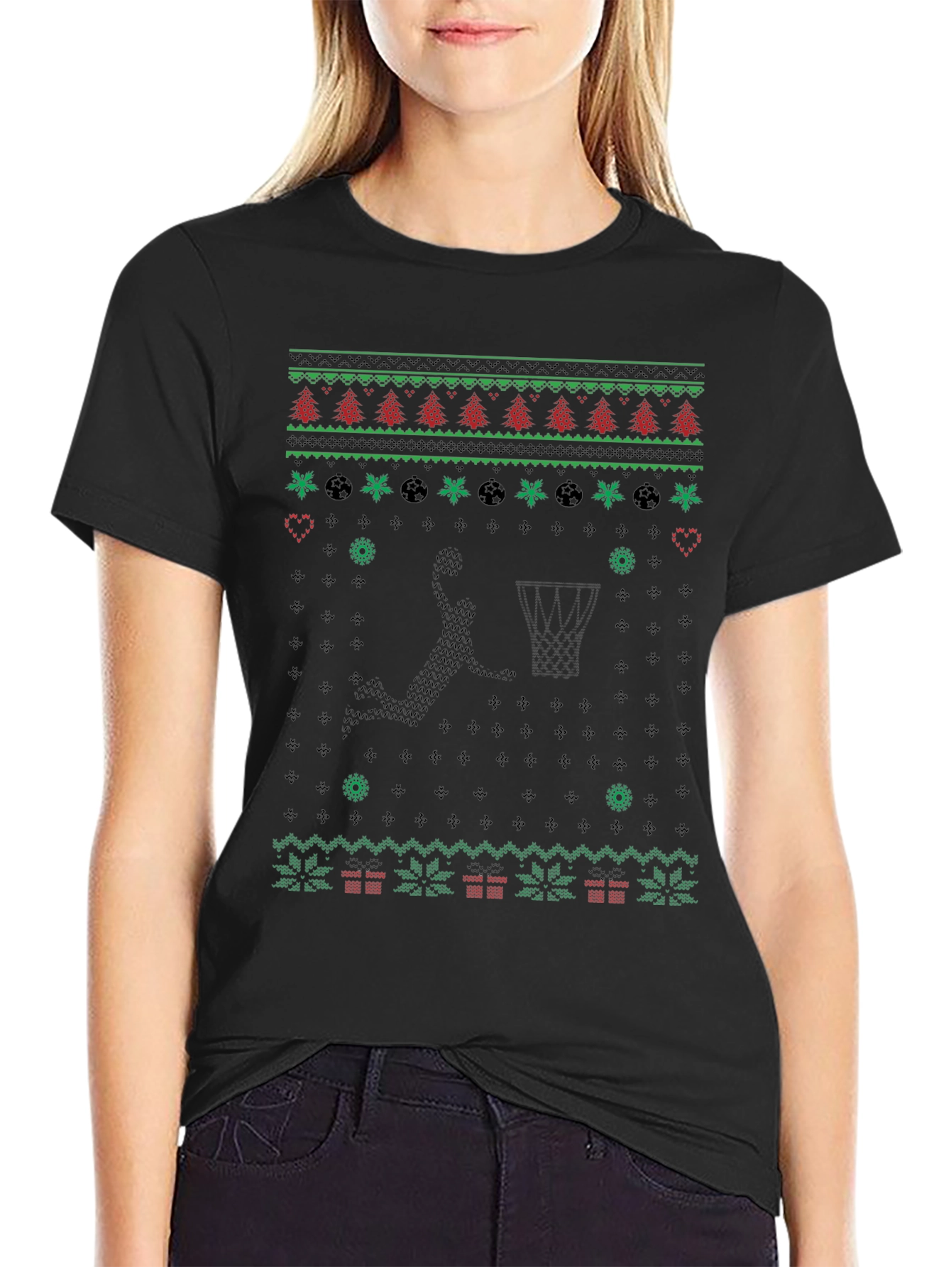 Basketball Christmas Sweater Knit Pattern Graphic T-Shirt
