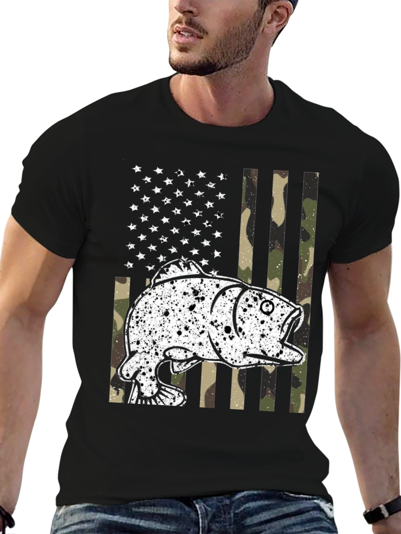 American Flag Camo Fish Graphic Tee - Black