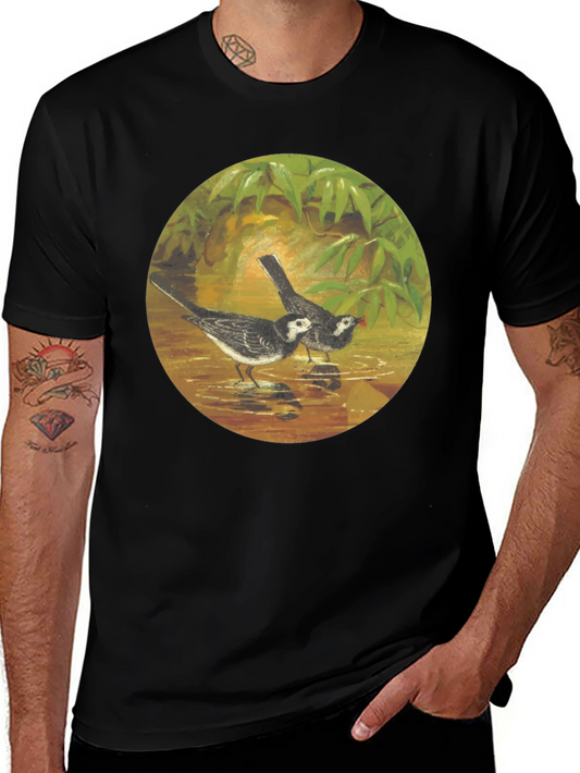 Black T-Shirt with Bird Art Print