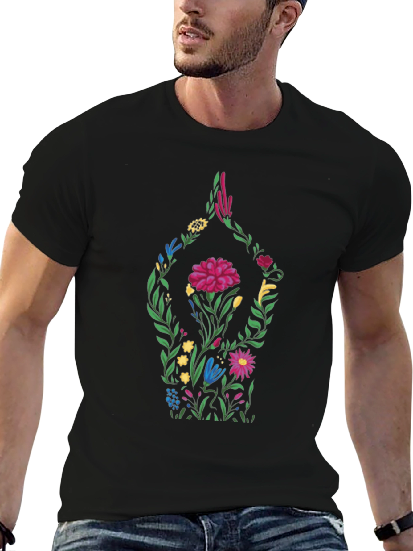 Floral Yoga Pose Black T-Shirt