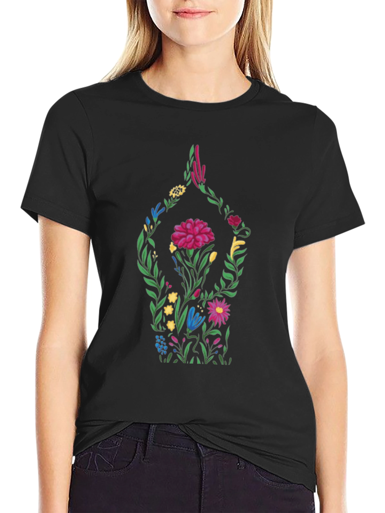 Floral Yoga Pose Black T-Shirt