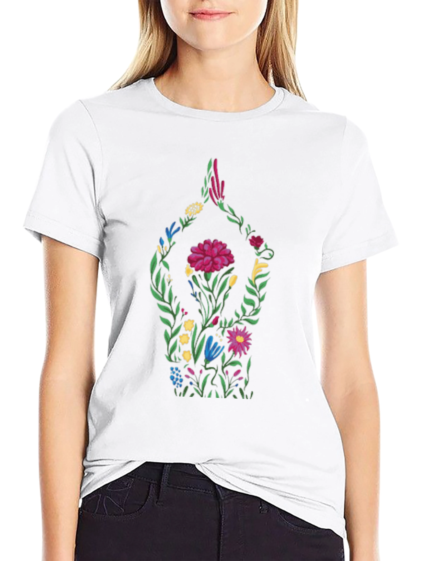 Floral Yoga Pose Black T-Shirt