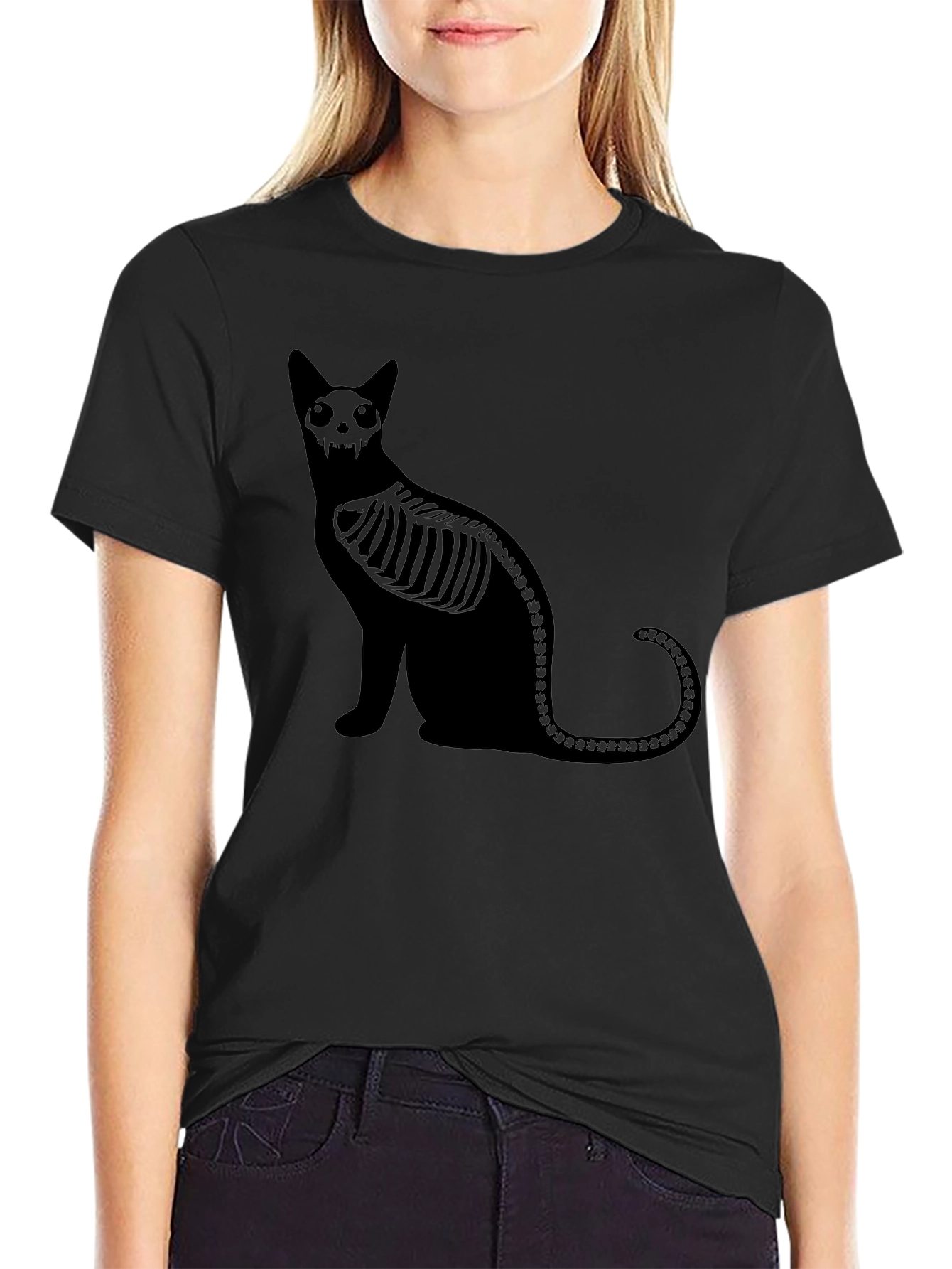 Skeleton Cat Graphic Black T-Shirt