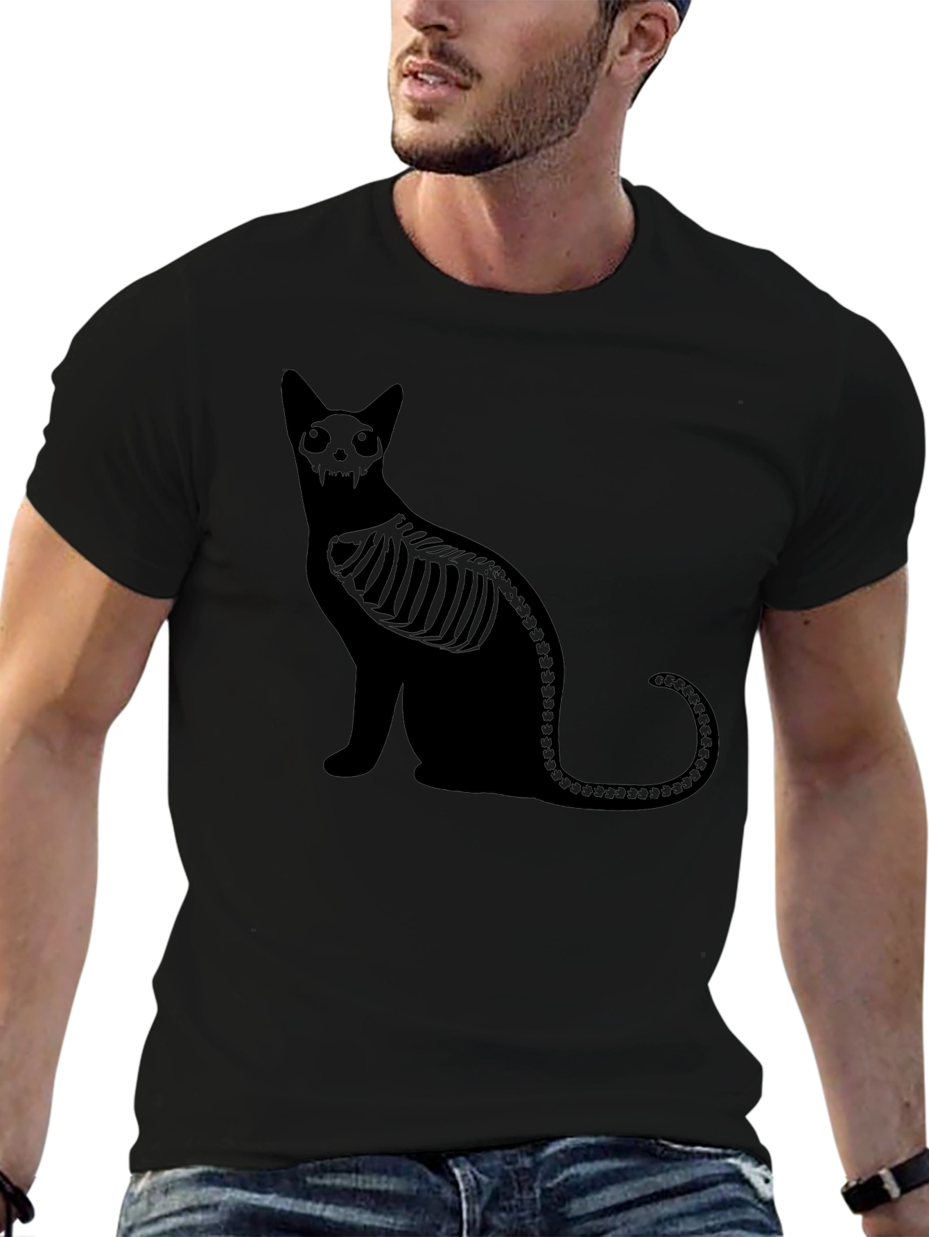 Skeleton Cat Graphic Black T-Shirt