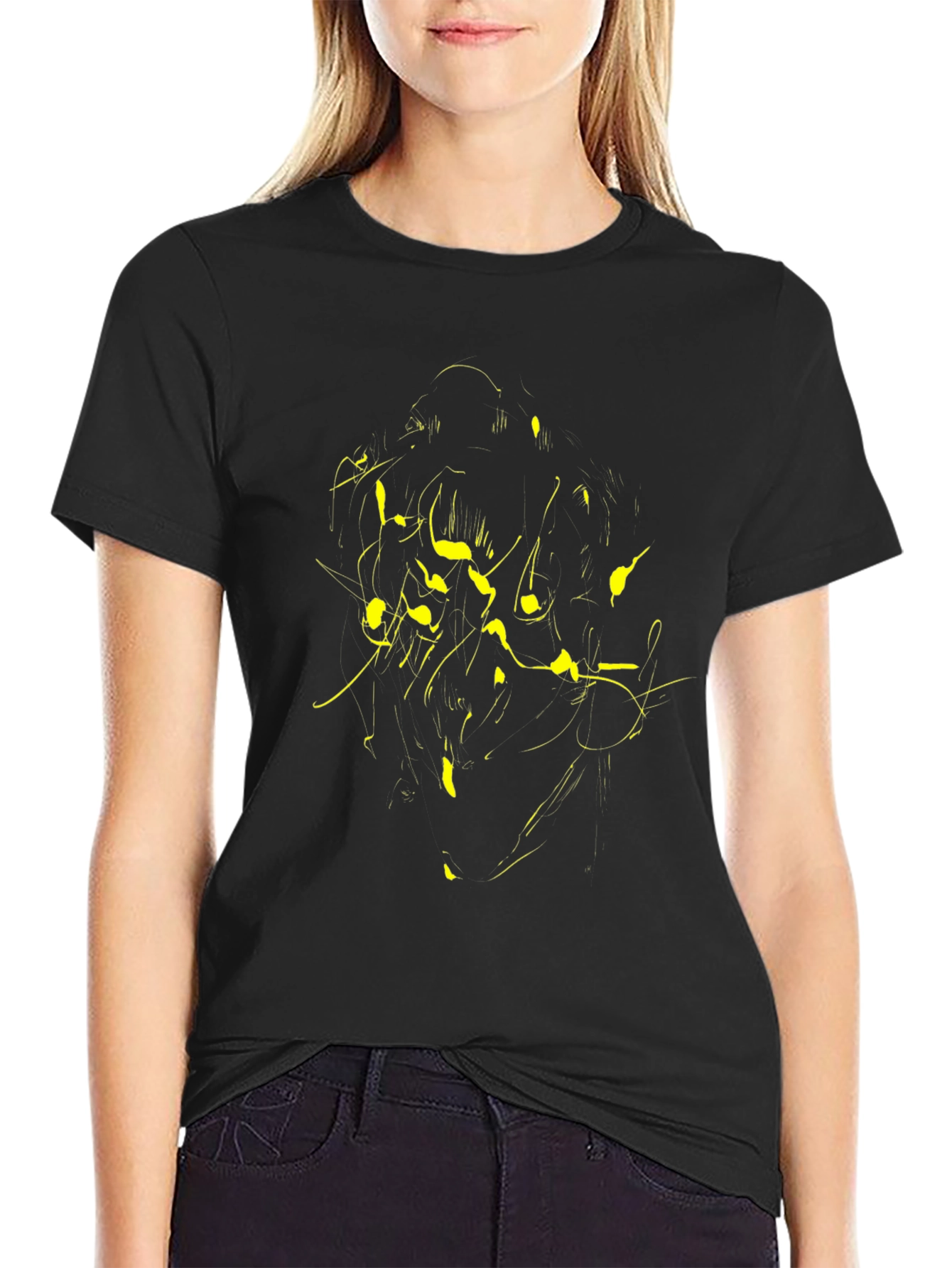 Abstract Yellow Print Black T-Shirt