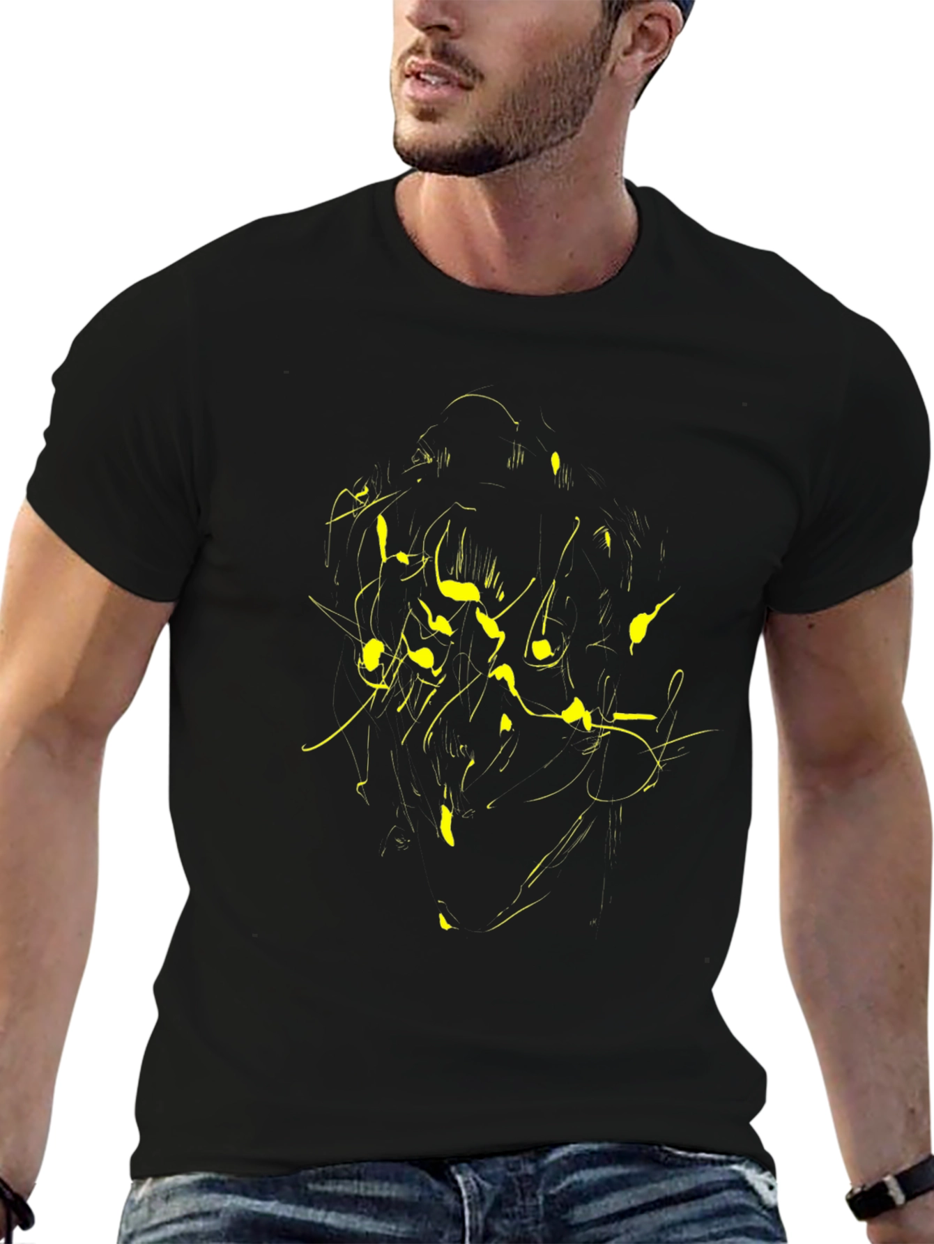 Abstract Yellow Print Black T-Shirt