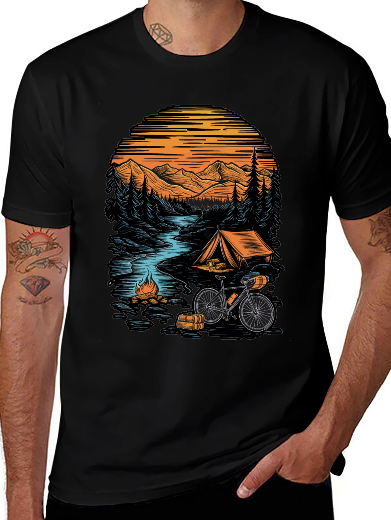 Adventure Camping T-Shirt - Mountain & Bicycle Design