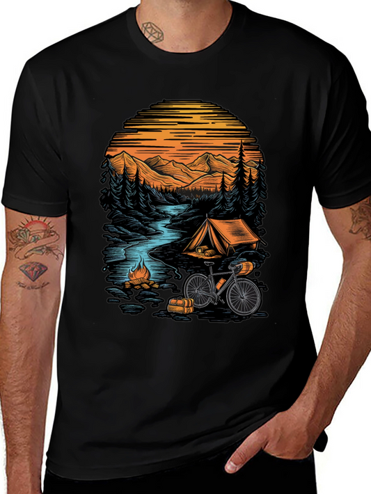 Adventure Camping T-Shirt - Mountain & Bicycle Design