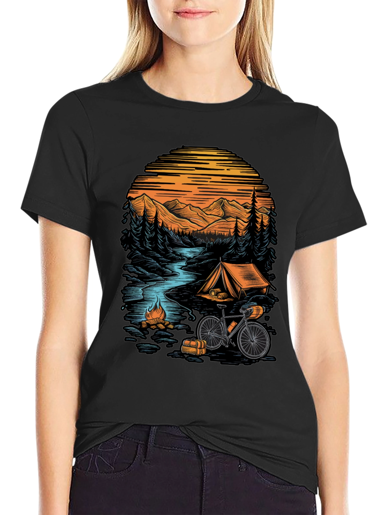 Adventure Camping T-Shirt - Mountain & Bicycle Design