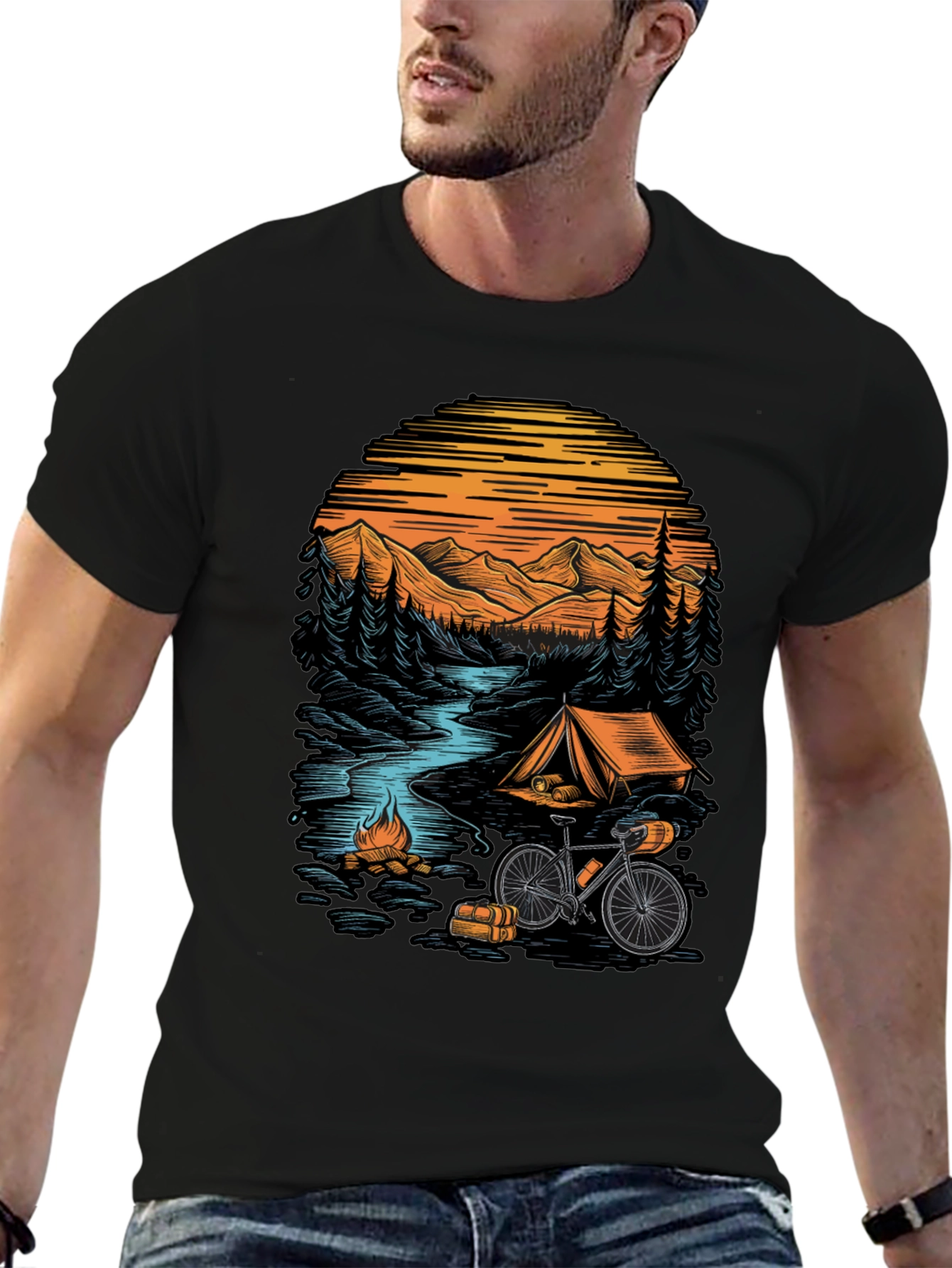 Adventure Camping T-Shirt - Mountain & Bicycle Design