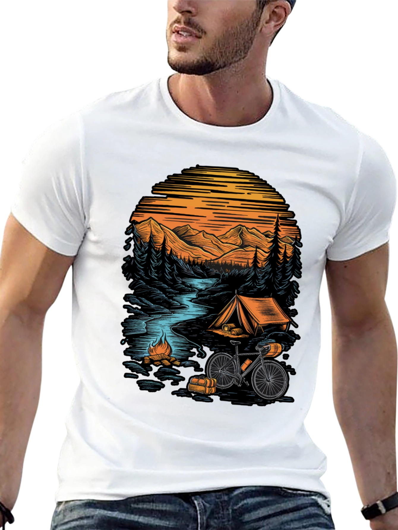 Adventure Camping T-Shirt - Mountain & Bicycle Design